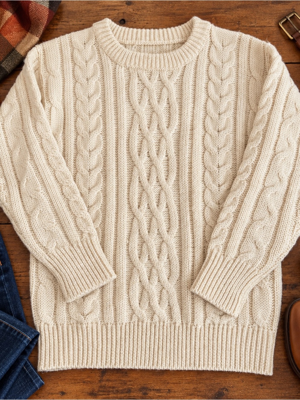 Woolovers Women’s XS 100% British Wool Cable Knit Sweater Cream Crewneck